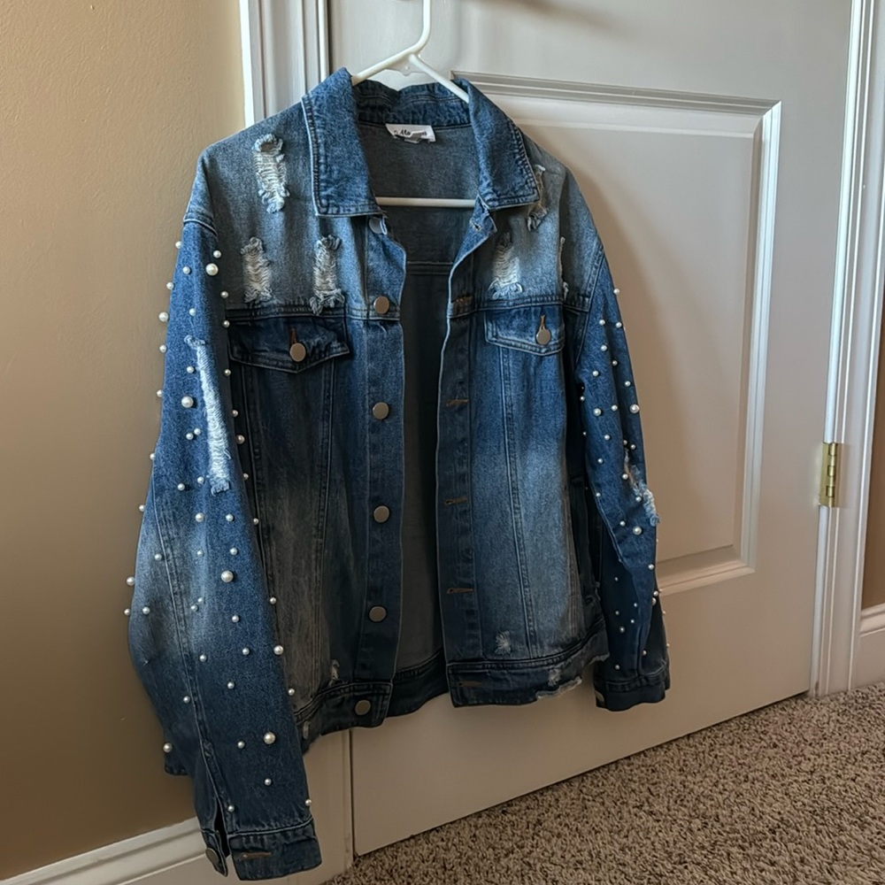 Distressed Oversized Denim Jacket with Pearl Embellishment